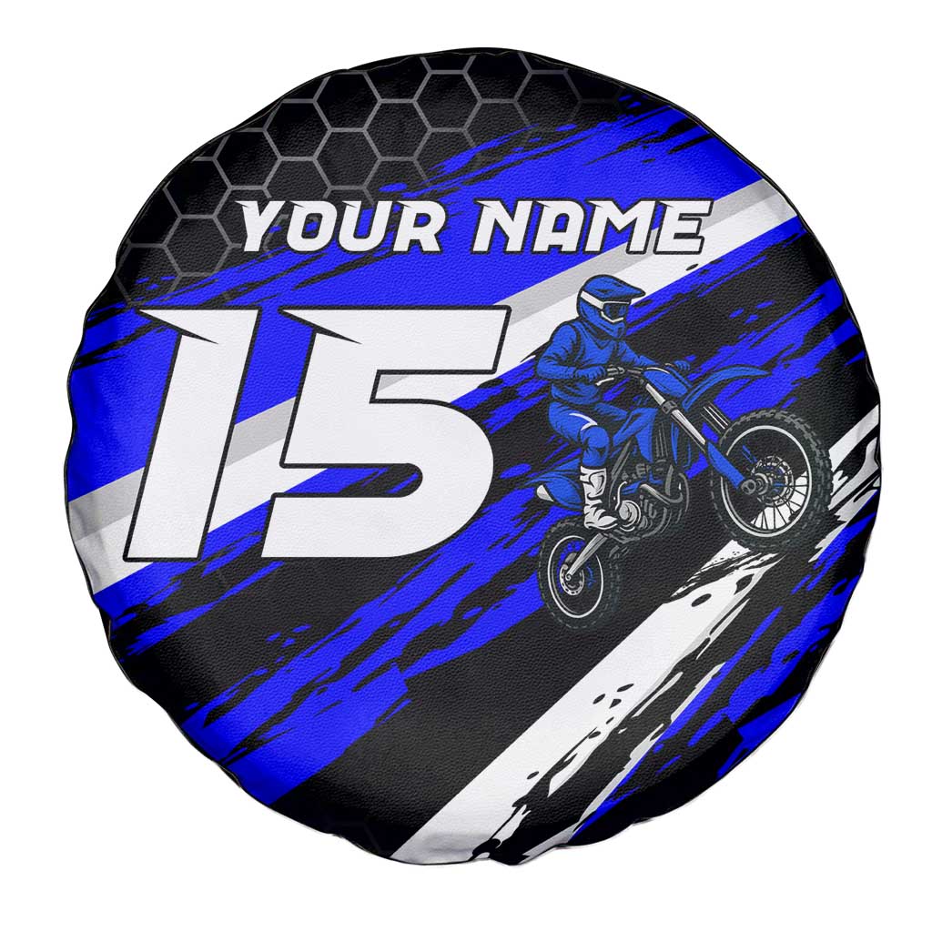 Custom Blue Motocross Spare Tire Cover with Dirt Bike Rider Graphic Design on Honeycomb Pattern - Wonder Print Shop