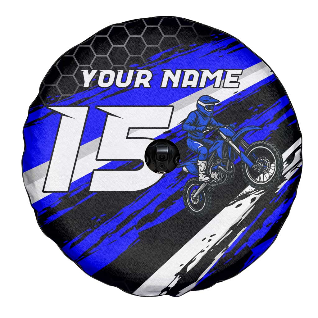 Custom Blue Motocross Spare Tire Cover with Dirt Bike Rider Graphic Design on Honeycomb Pattern - Wonder Print Shop
