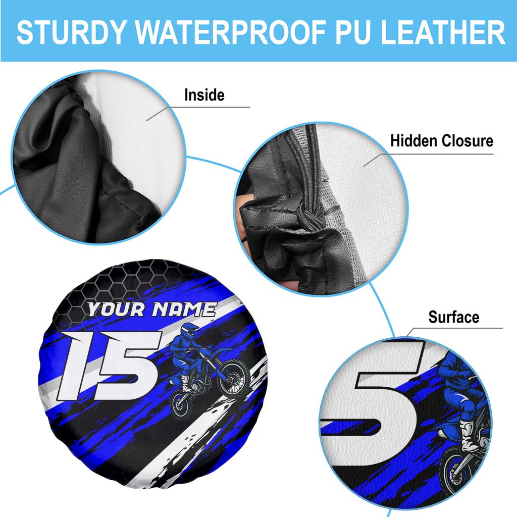 Custom Blue Motocross Spare Tire Cover with Dirt Bike Rider Graphic Design on Honeycomb Pattern - Wonder Print Shop