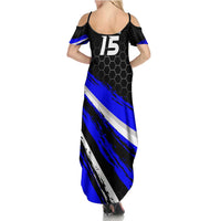 Custom Blue Motocross Summer Maxi Dress with Dirt Bike Rider Graphic Design on Honeycomb Pattern - Wonder Print Shop