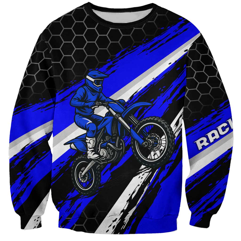 Custom Blue Motocross Sweatshirt with Dirt Bike Rider Graphic Design on Honeycomb Pattern - Wonder Print Shop