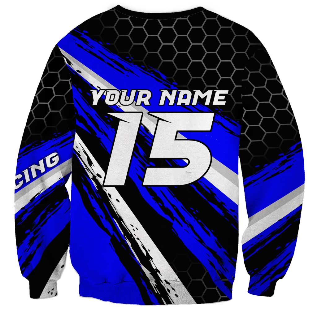 Custom Blue Motocross Sweatshirt with Dirt Bike Rider Graphic Design on Honeycomb Pattern - Wonder Print Shop