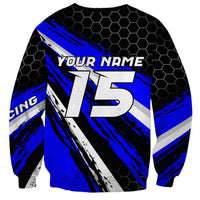 Custom Blue Motocross Sweatshirt with Dirt Bike Rider Graphic Design on Honeycomb Pattern - Wonder Print Shop