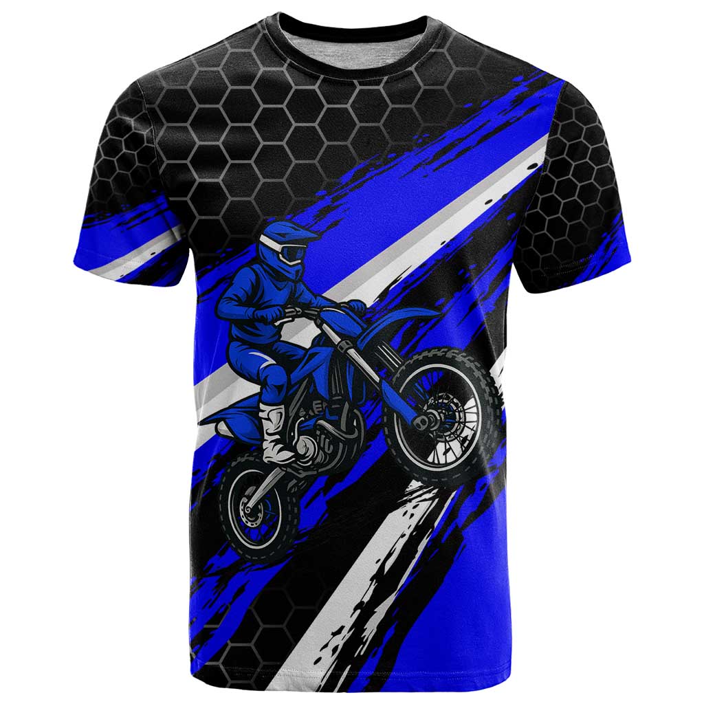 Custom Blue Motocross T Shirt with Dirt Bike Rider Graphic Design on Honeycomb Pattern - Wonder Print Shop