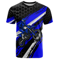 Custom Blue Motocross T Shirt with Dirt Bike Rider Graphic Design on Honeycomb Pattern - Wonder Print Shop