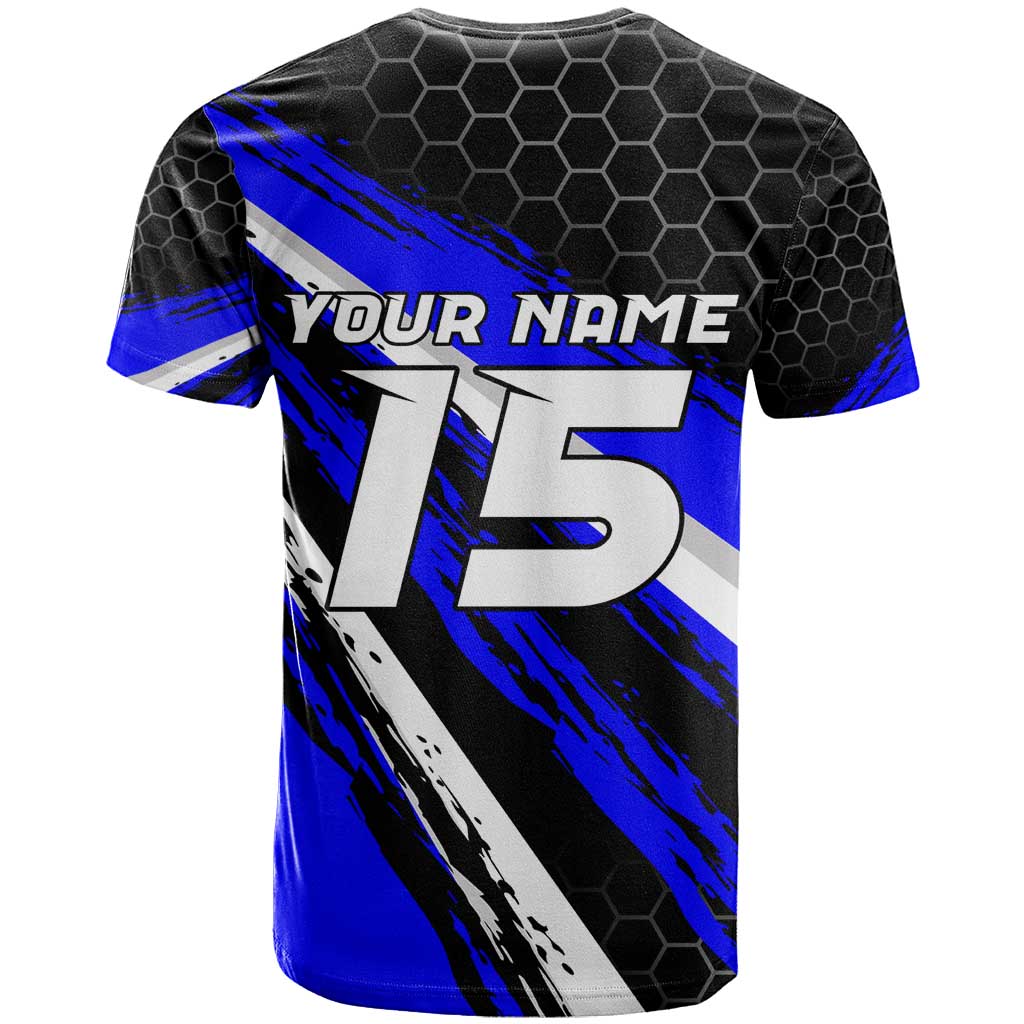 Custom Blue Motocross T Shirt with Dirt Bike Rider Graphic Design on Honeycomb Pattern - Wonder Print Shop