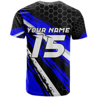 Custom Blue Motocross T Shirt with Dirt Bike Rider Graphic Design on Honeycomb Pattern - Wonder Print Shop