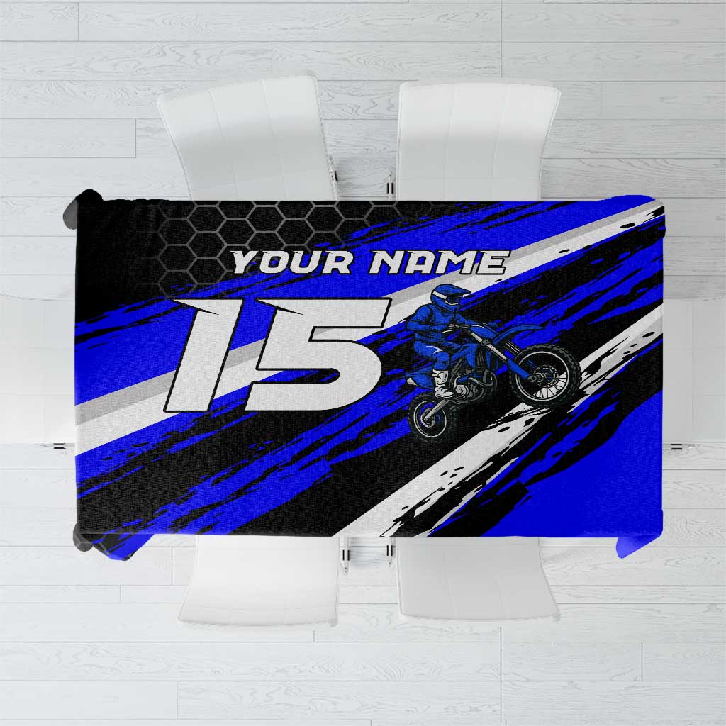 Custom Blue Motocross Tablecloth with Dirt Bike Rider Graphic Design on Honeycomb Pattern - Wonder Print Shop