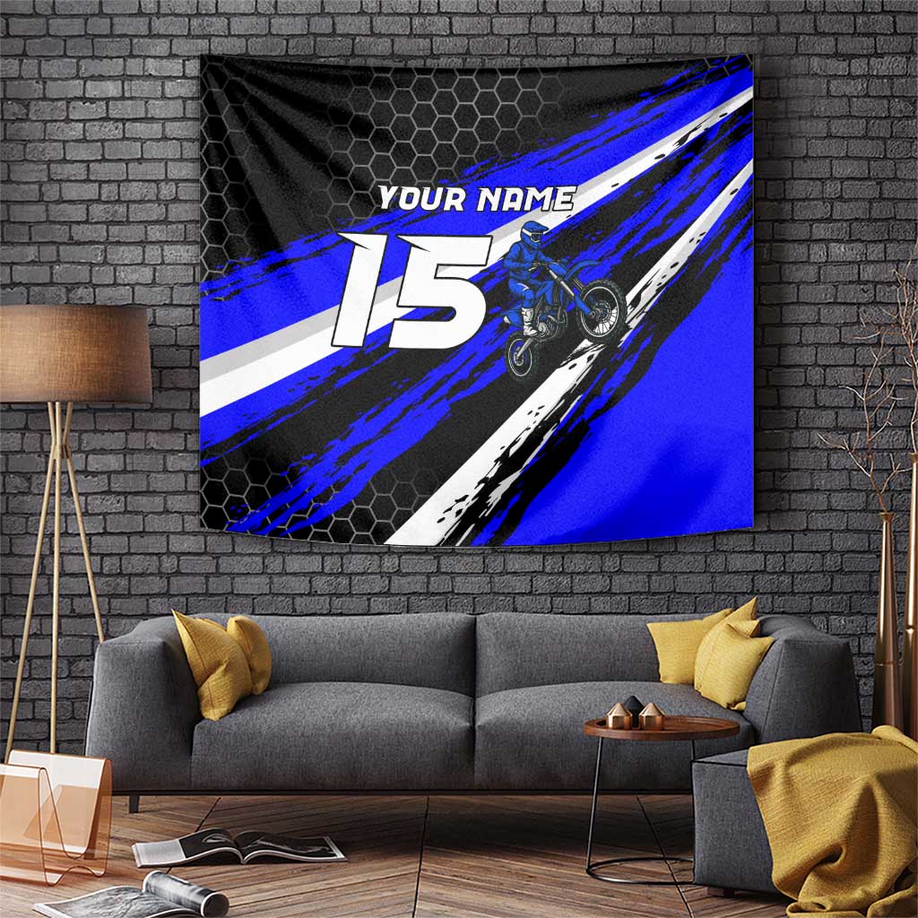 Custom Blue Motocross Tapestry with Dirt Bike Rider Graphic Design on Honeycomb Pattern - Wonder Print Shop