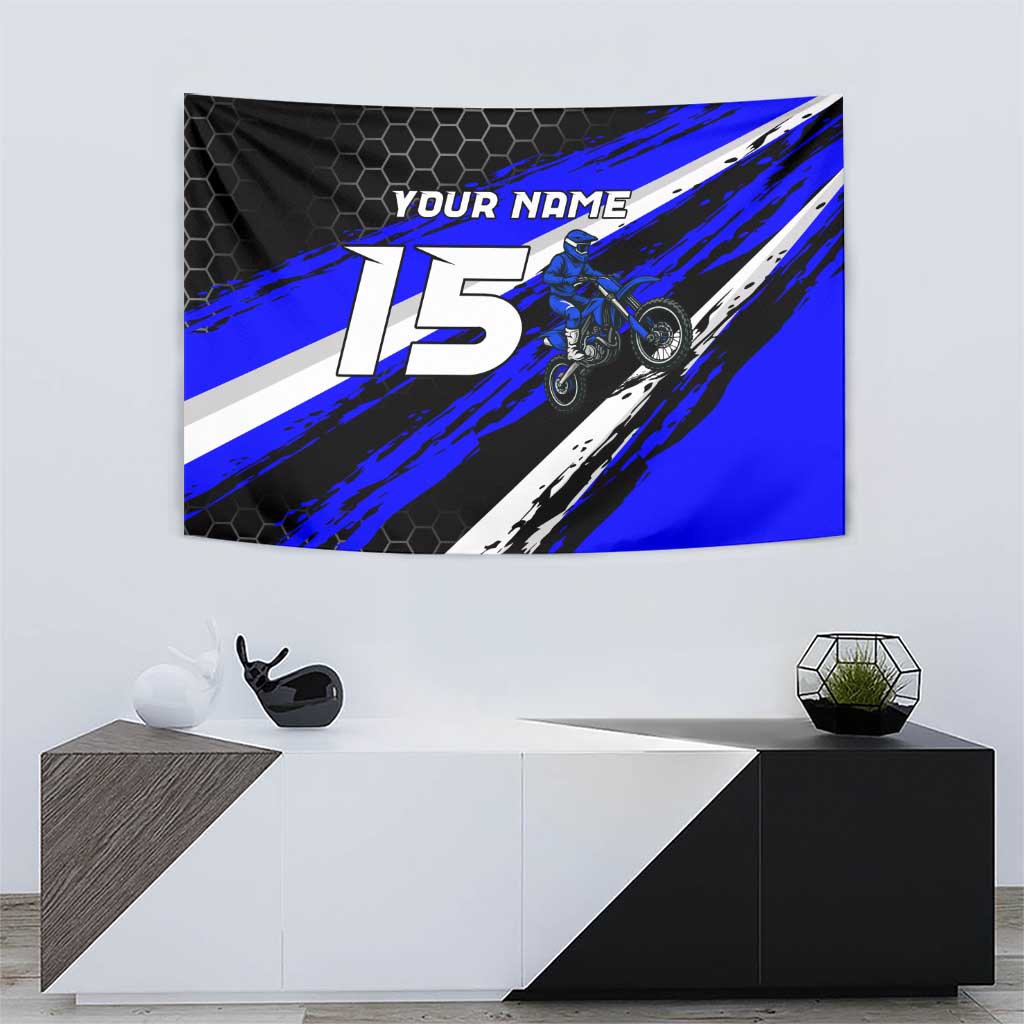 Custom Blue Motocross Tapestry with Dirt Bike Rider Graphic Design on Honeycomb Pattern - Wonder Print Shop