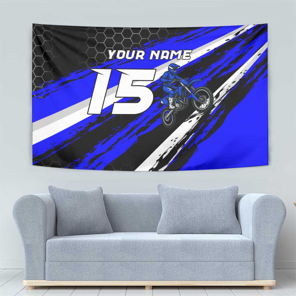 Custom Blue Motocross Tapestry with Dirt Bike Rider Graphic Design on Honeycomb Pattern - Wonder Print Shop