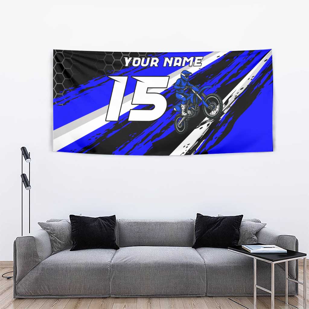 Custom Blue Motocross Tapestry with Dirt Bike Rider Graphic Design on Honeycomb Pattern - Wonder Print Shop