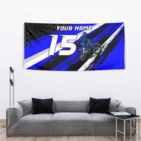 Custom Blue Motocross Tapestry with Dirt Bike Rider Graphic Design on Honeycomb Pattern - Wonder Print Shop