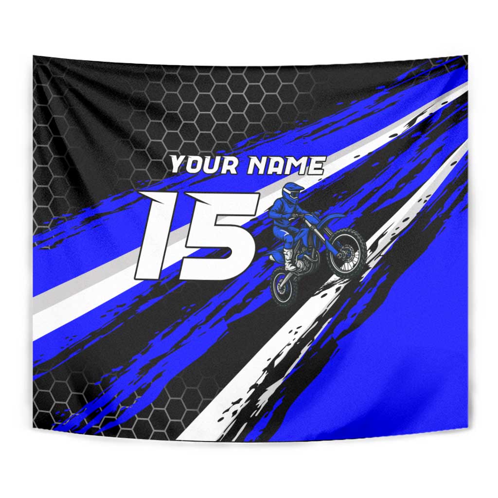 Custom Blue Motocross Tapestry with Dirt Bike Rider Graphic Design on Honeycomb Pattern - Wonder Print Shop
