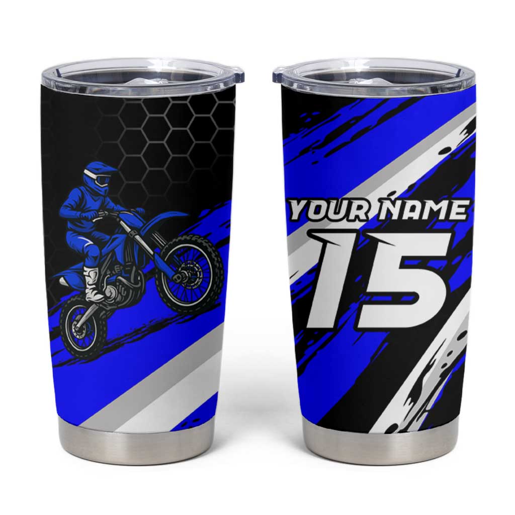 Custom Blue Motocross Tumbler Cup with Dirt Bike Rider Graphic Design on Honeycomb Pattern - Wonder Print Shop