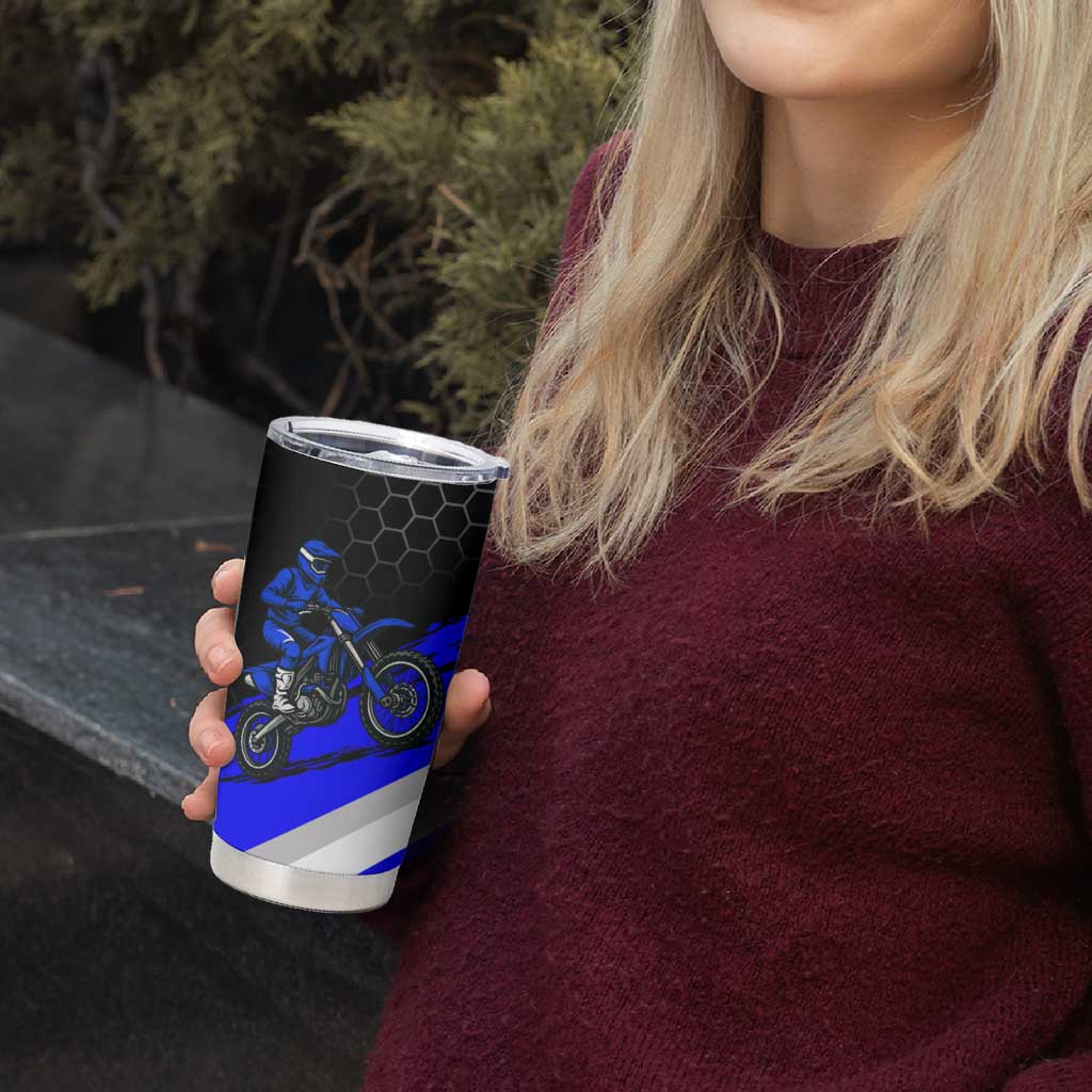 Custom Blue Motocross Tumbler Cup with Dirt Bike Rider Graphic Design on Honeycomb Pattern - Wonder Print Shop