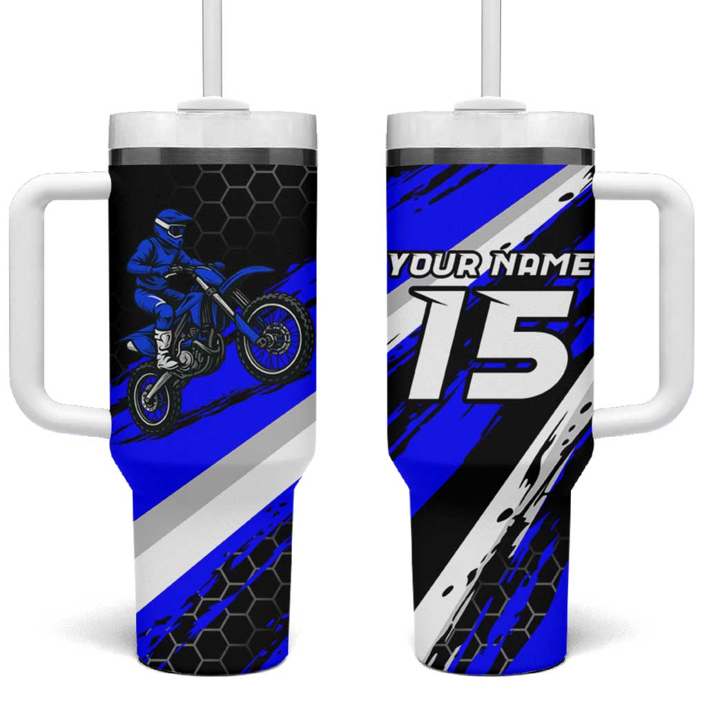 Custom Blue Motocross Tumbler With Handle with Dirt Bike Rider Graphic Design on Honeycomb Pattern - Wonder Print Shop
