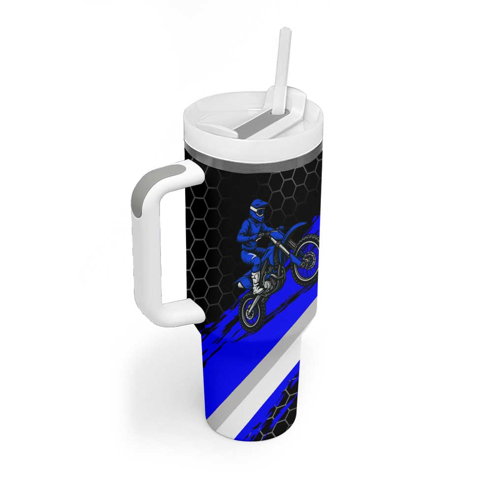 Custom Blue Motocross Tumbler With Handle with Dirt Bike Rider Graphic Design on Honeycomb Pattern - Wonder Print Shop