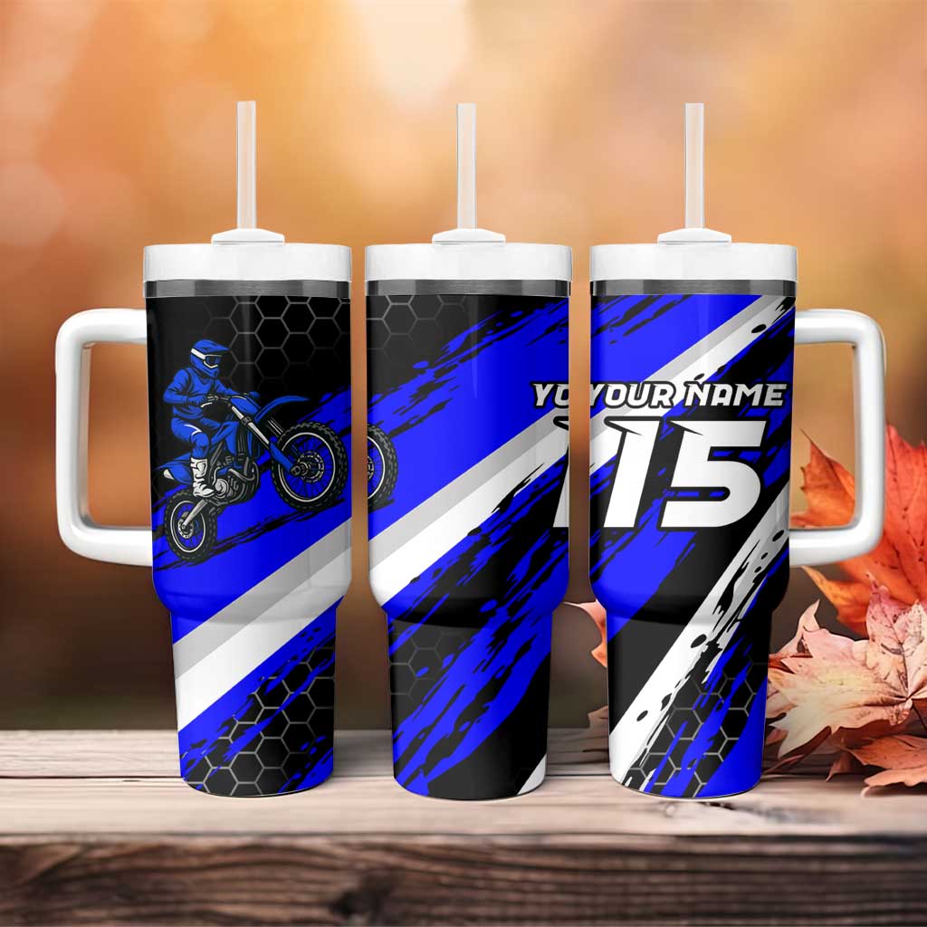 Custom Blue Motocross Tumbler With Handle with Dirt Bike Rider Graphic Design on Honeycomb Pattern - Wonder Print Shop