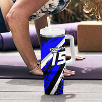 Custom Blue Motocross Tumbler With Handle with Dirt Bike Rider Graphic Design on Honeycomb Pattern - Wonder Print Shop