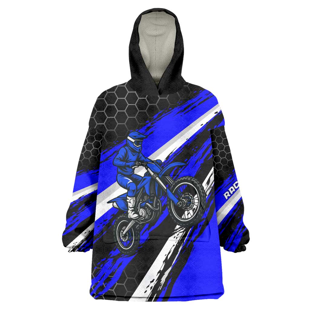 Custom Blue Motocross Wearable Blanket Hoodie with Dirt Bike Rider Graphic Design on Honeycomb Pattern - Wonder Print Shop