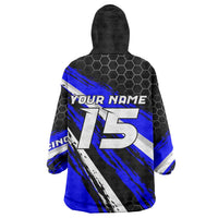 Custom Blue Motocross Wearable Blanket Hoodie with Dirt Bike Rider Graphic Design on Honeycomb Pattern - Wonder Print Shop