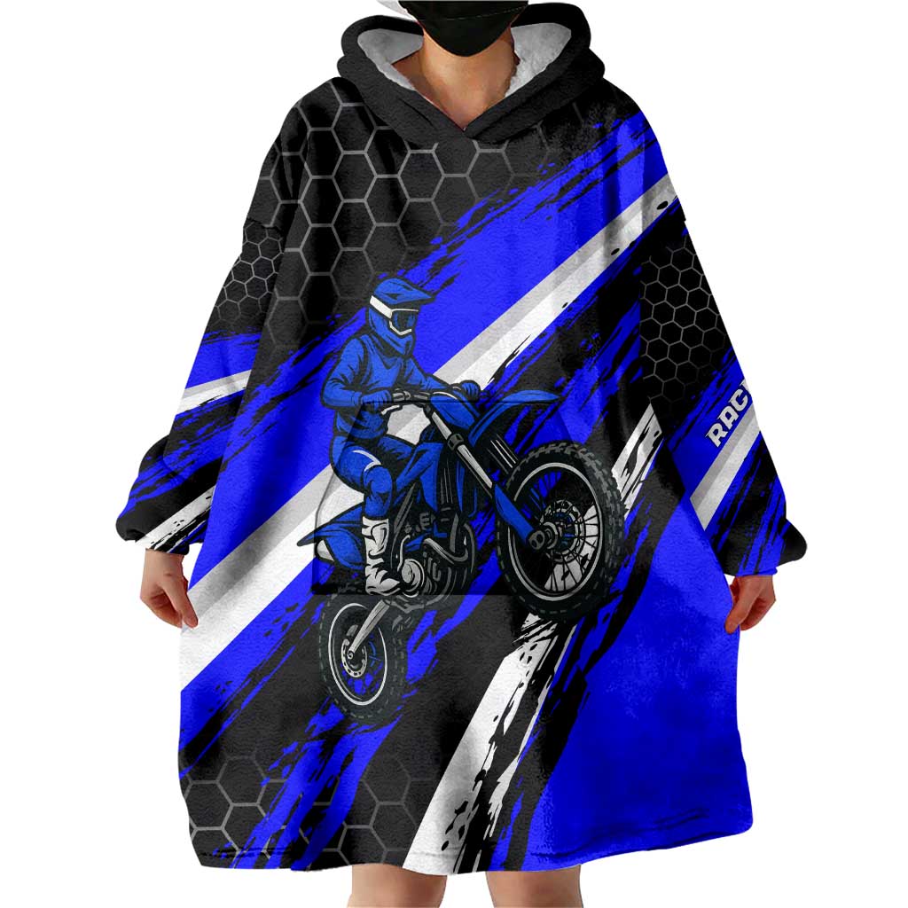 Custom Blue Motocross Wearable Blanket Hoodie with Dirt Bike Rider Graphic Design on Honeycomb Pattern - Wonder Print Shop