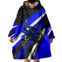 Custom Blue Motocross Wearable Blanket Hoodie with Dirt Bike Rider Graphic Design on Honeycomb Pattern - Wonder Print Shop