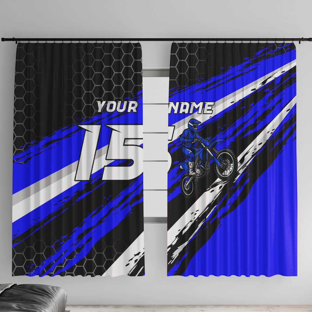 Custom Blue Motocross Window Curtain with Dirt Bike Rider Graphic Design on Honeycomb Pattern - Wonder Print Shop