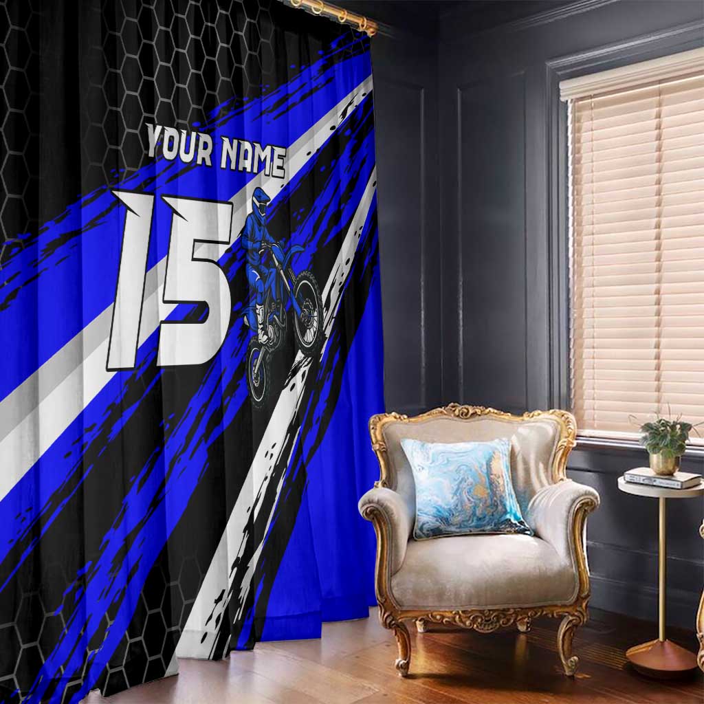 Custom Blue Motocross Window Curtain with Dirt Bike Rider Graphic Design on Honeycomb Pattern - Wonder Print Shop