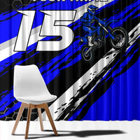Custom Blue Motocross Window Curtain with Dirt Bike Rider Graphic Design on Honeycomb Pattern - Wonder Print Shop