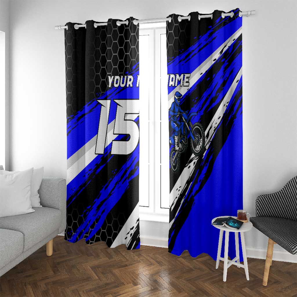 Custom Blue Motocross Window Curtain with Dirt Bike Rider Graphic Design on Honeycomb Pattern - Wonder Print Shop