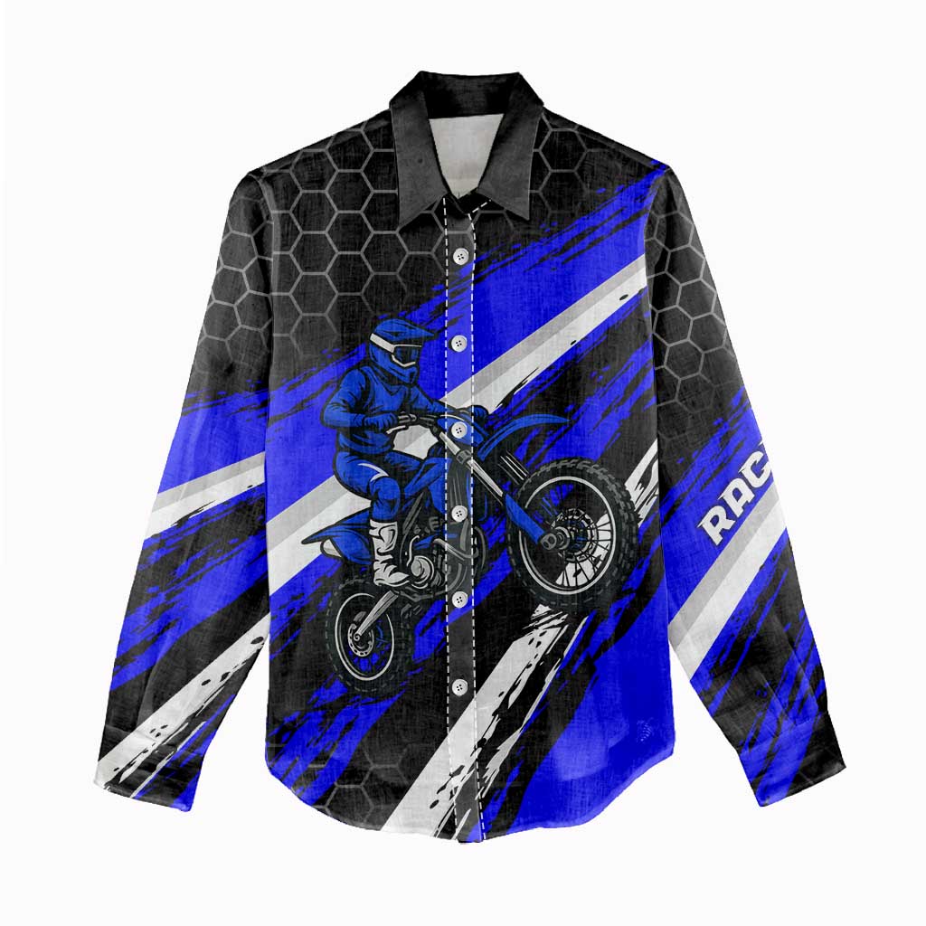 Custom Blue Motocross Women Casual Shirt with Dirt Bike Rider Graphic Design on Honeycomb Pattern - Wonder Print Shop