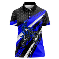 Custom Blue Motocross Women Polo Shirt with Dirt Bike Rider Graphic Design on Honeycomb Pattern - Wonder Print Shop