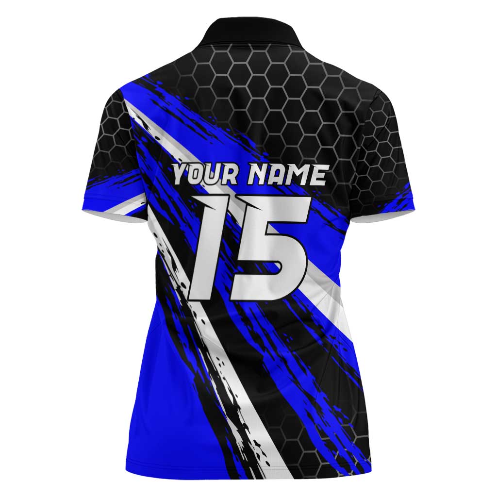 Custom Blue Motocross Women Polo Shirt with Dirt Bike Rider Graphic Design on Honeycomb Pattern - Wonder Print Shop