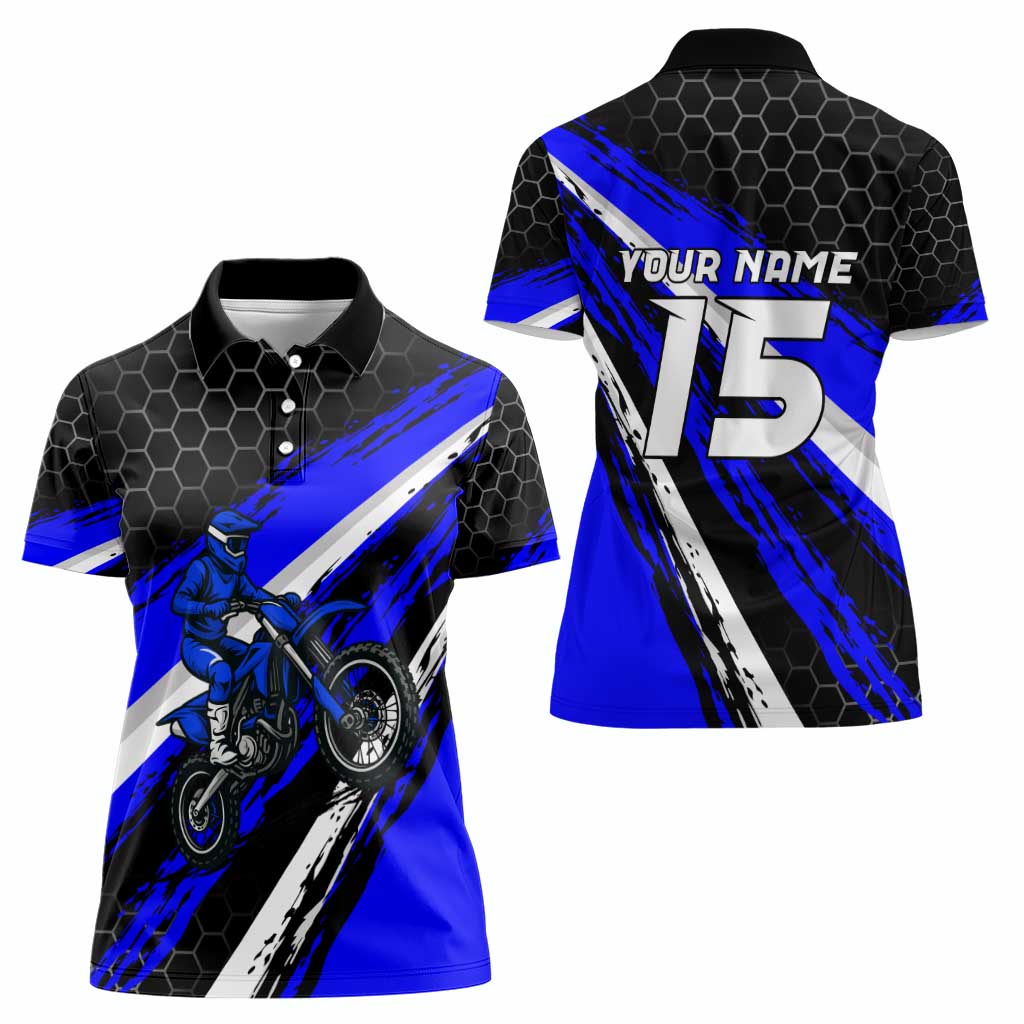 Custom Blue Motocross Women Polo Shirt with Dirt Bike Rider Graphic Design on Honeycomb Pattern - Wonder Print Shop