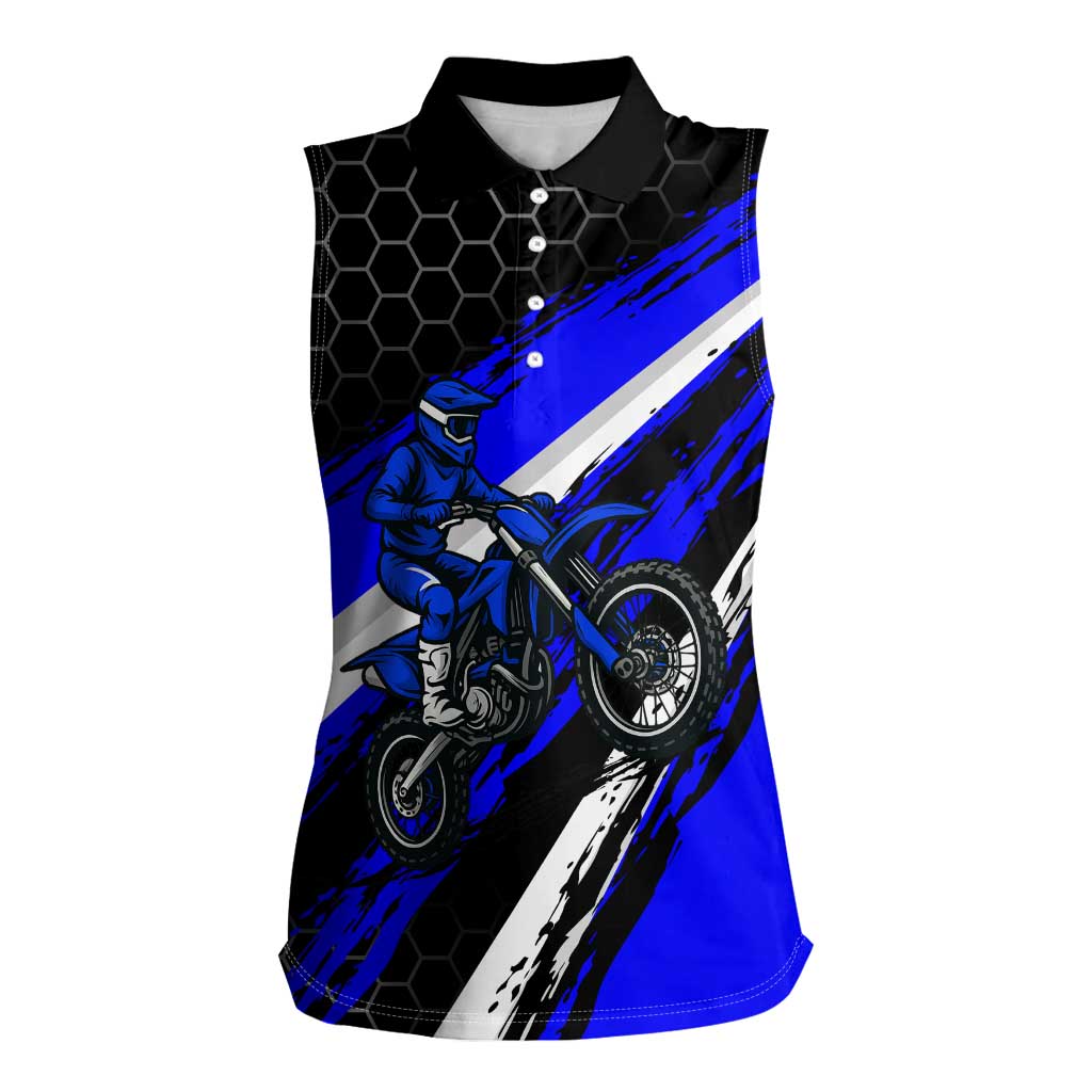 Custom Blue Motocross Women Sleeveless Polo Shirt with Dirt Bike Rider Graphic Design on Honeycomb Pattern - Wonder Print Shop