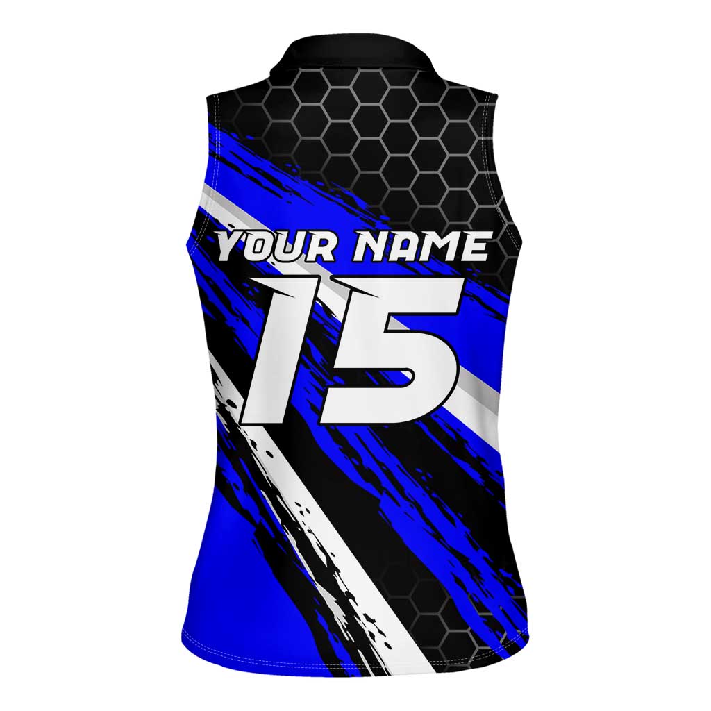 Custom Blue Motocross Women Sleeveless Polo Shirt with Dirt Bike Rider Graphic Design on Honeycomb Pattern - Wonder Print Shop