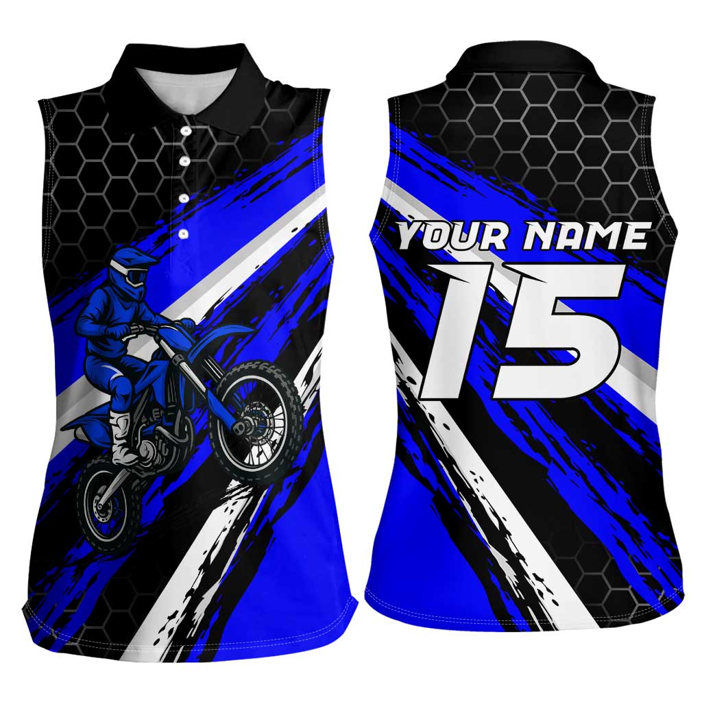 Custom Blue Motocross Women Sleeveless Polo Shirt with Dirt Bike Rider Graphic Design on Honeycomb Pattern - Wonder Print Shop