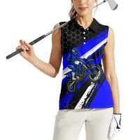 Custom Blue Motocross Women Sleeveless Polo Shirt with Dirt Bike Rider Graphic Design on Honeycomb Pattern - Wonder Print Shop