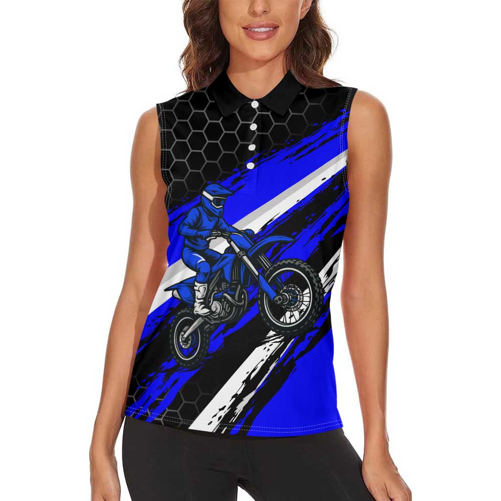 Custom Blue Motocross Women Sleeveless Polo Shirt with Dirt Bike Rider Graphic Design on Honeycomb Pattern - Wonder Print Shop
