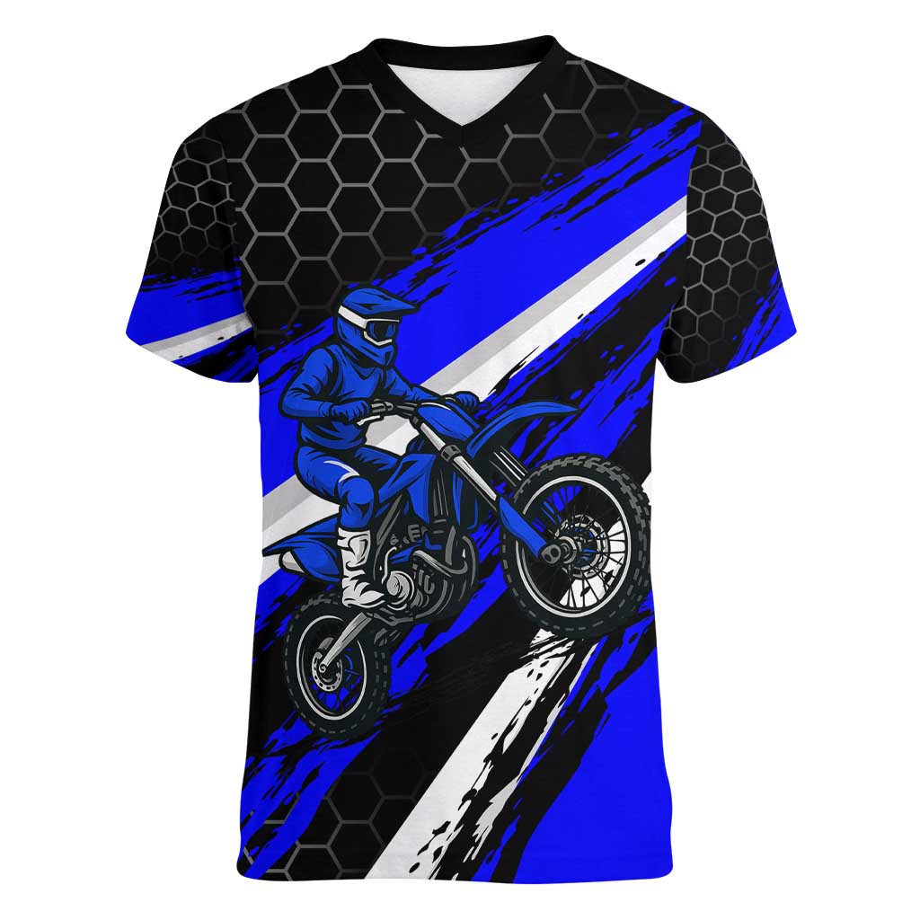 Custom Blue Motocross Women V-Neck T-Shirt with Dirt Bike Rider Graphic Design on Honeycomb Pattern - Wonder Print Shop