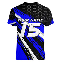Custom Blue Motocross Women V-Neck T-Shirt with Dirt Bike Rider Graphic Design on Honeycomb Pattern - Wonder Print Shop