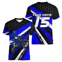 Custom Blue Motocross Women V-Neck T-Shirt with Dirt Bike Rider Graphic Design on Honeycomb Pattern - Wonder Print Shop