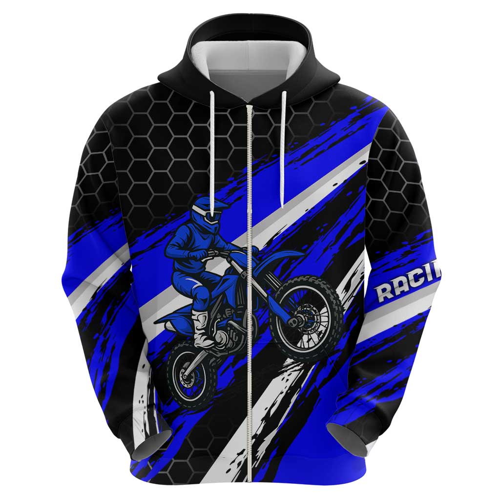 Custom Blue Motocross Zip Hoodie with Dirt Bike Rider Graphic Design on Honeycomb Pattern - Wonder Print Shop