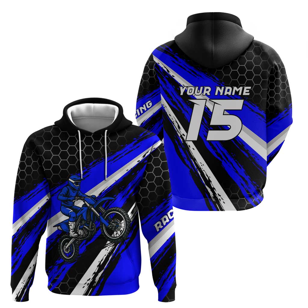 Custom Blue Motocross Zip Hoodie with Dirt Bike Rider Graphic Design on Honeycomb Pattern - Wonder Print Shop