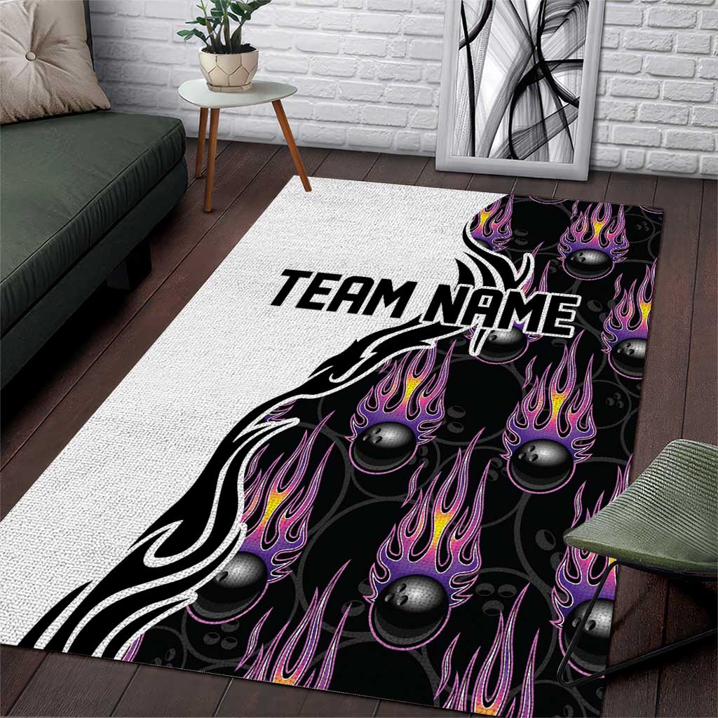 Custom Bowling Team Graphic Area Rug with Flaming Ball Design in Black White and Purple Flame Pattern - Wonder Print Shop