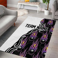 Custom Bowling Team Graphic Area Rug with Flaming Ball Design in Black White and Purple Flame Pattern - Wonder Print Shop