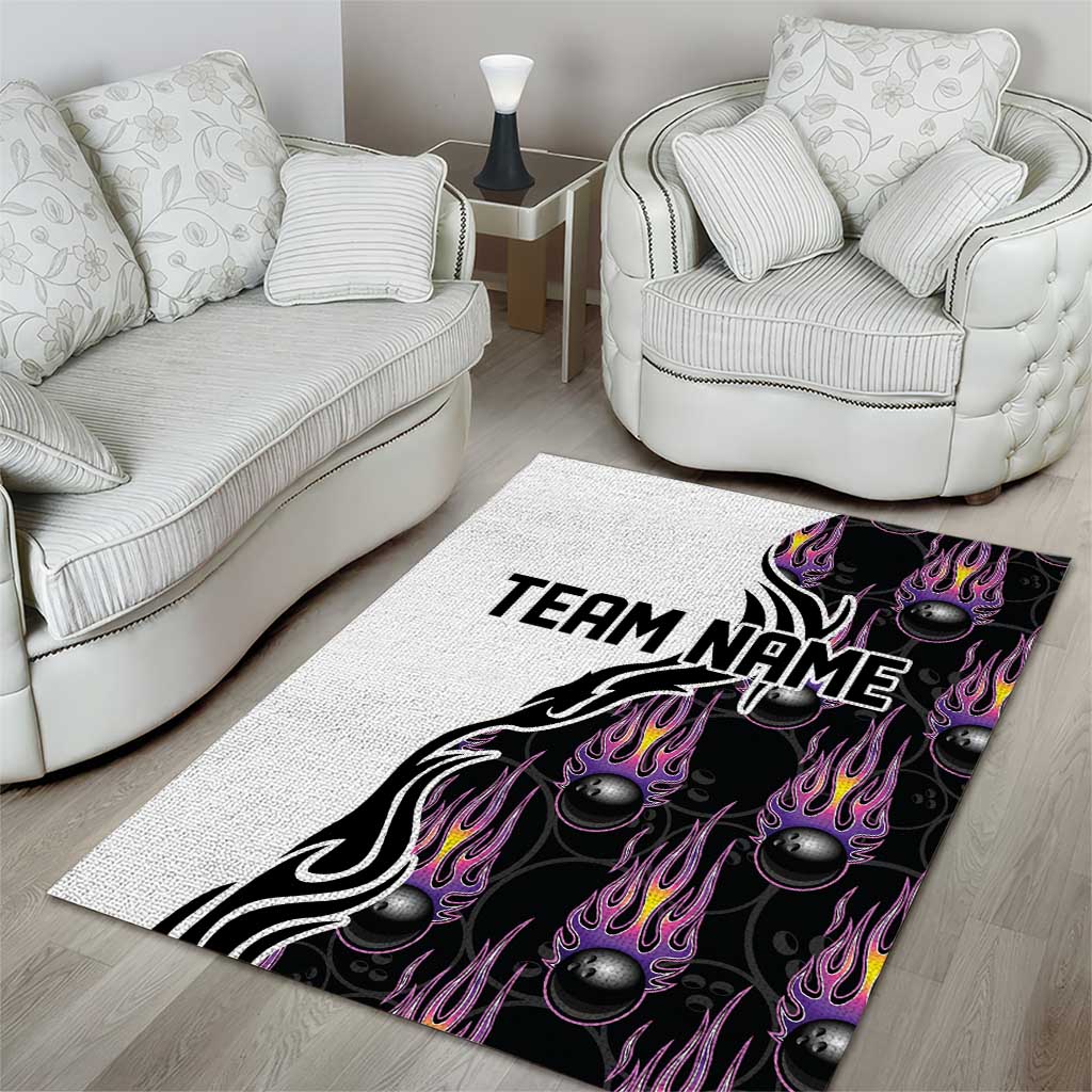 Custom Bowling Team Graphic Area Rug with Flaming Ball Design in Black White and Purple Flame Pattern - Wonder Print Shop