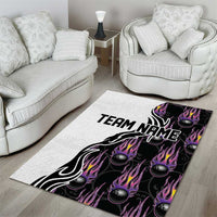 Custom Bowling Team Graphic Area Rug with Flaming Ball Design in Black White and Purple Flame Pattern - Wonder Print Shop